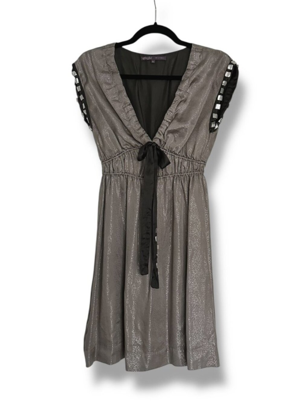 Hale Bob Silk Metallic Silver Dot Satin Empire Waist Mini Babydoll Dress XS Boho
